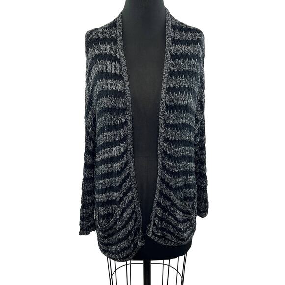 Free People Black Gray Striped Knit Open Front Long Sleeve Cardigan Sweater XS - Picture 1 of 6